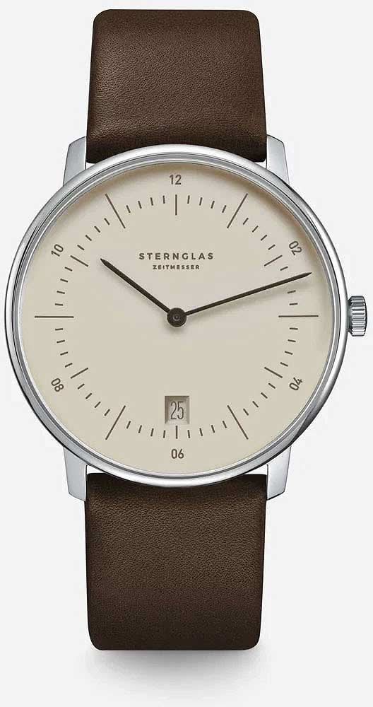 Reloj Sternglas para hombre con caja redonda plateada, esfera beige y correa de cuero marrón