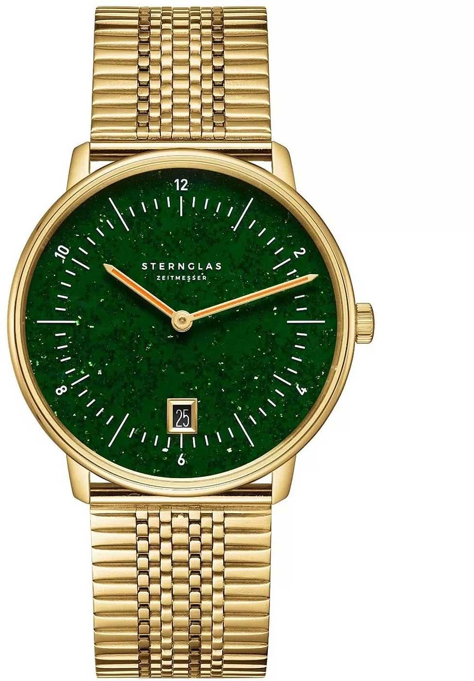 Reloj de hombre con correa de metal dorado, esfera verde y visualización de fecha