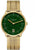 Reloj de hombre con correa de metal dorado, esfera verde y visualización de fecha