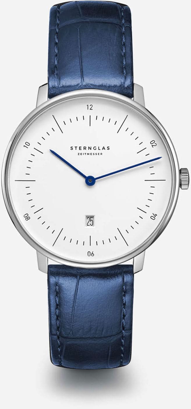 "Reloj de mujer con caja redonda plateada, esfera azul y correa de piel azul"