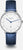"Reloj de mujer con caja redonda plateada, esfera azul y correa de piel azul"