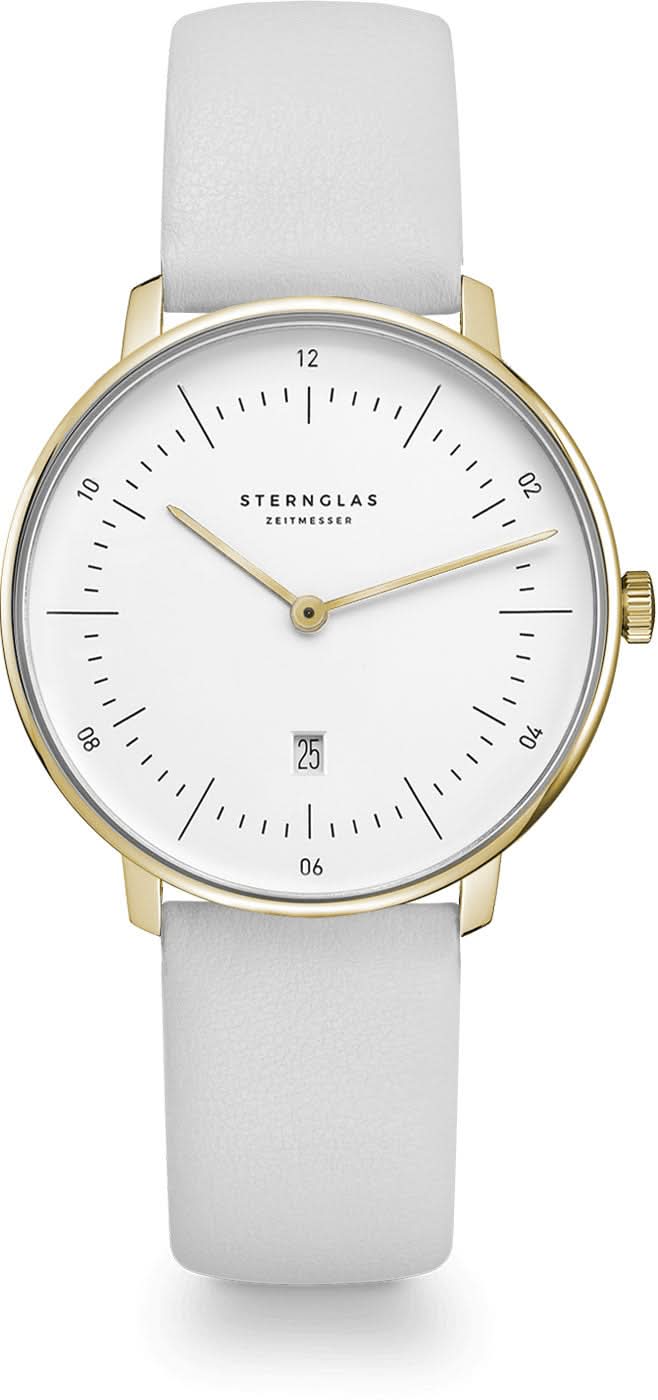 Reloj de pulsera para mujer: esfera redonda blanca, manecillas doradas, correa de cuero gris claro