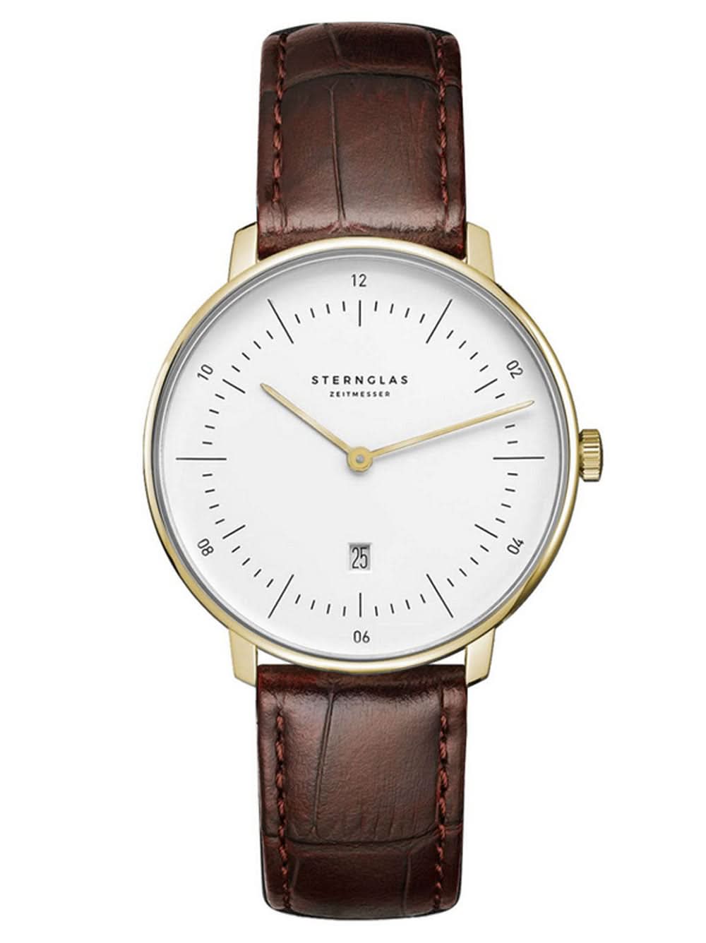 "Reloj de mujer con correa de cuero marrón, esfera blanca y caja dorada"
