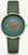 "Reloj de mujer con correa de cuero verde, bisel dorado y anillo de minutos azul"