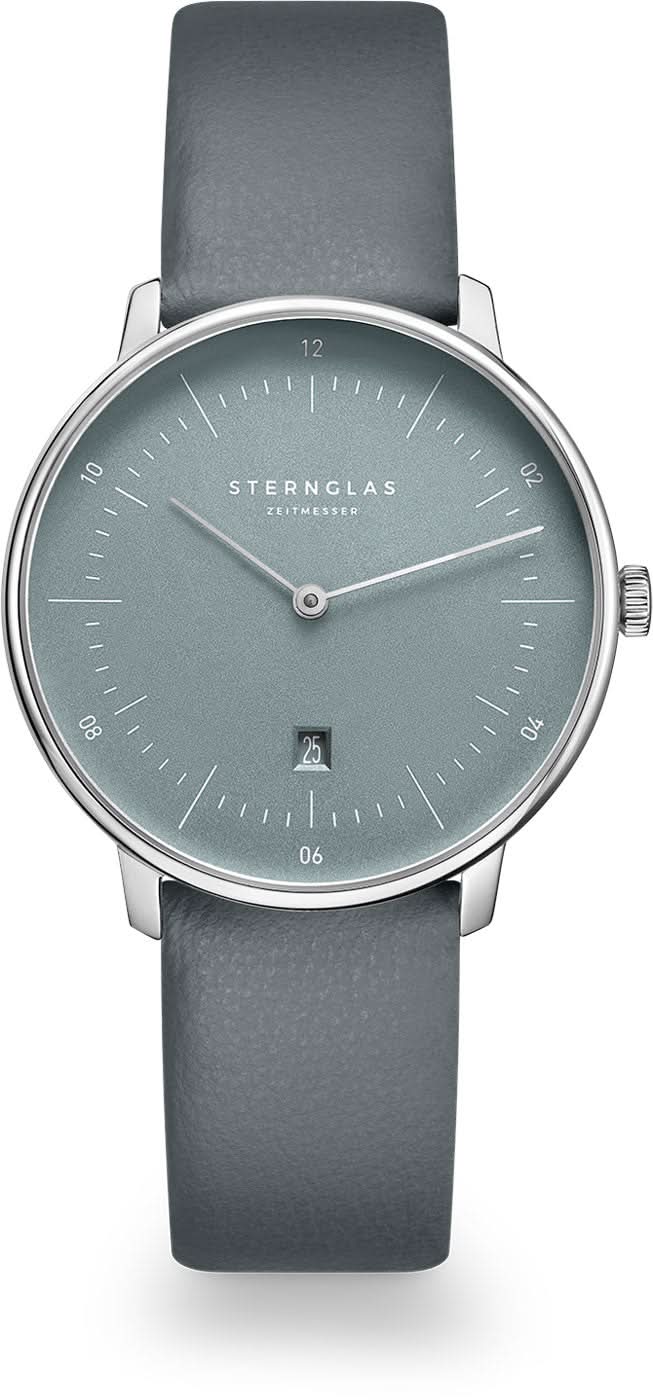"Reloj de mujer con esfera gris azulada y correa de cuero gris, caja redonda de acero inoxidable"