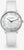 "Reloj de mujer Sternglas Naos: correa de cuero blanca, caja plateada, fecha azul, manecillas azules"