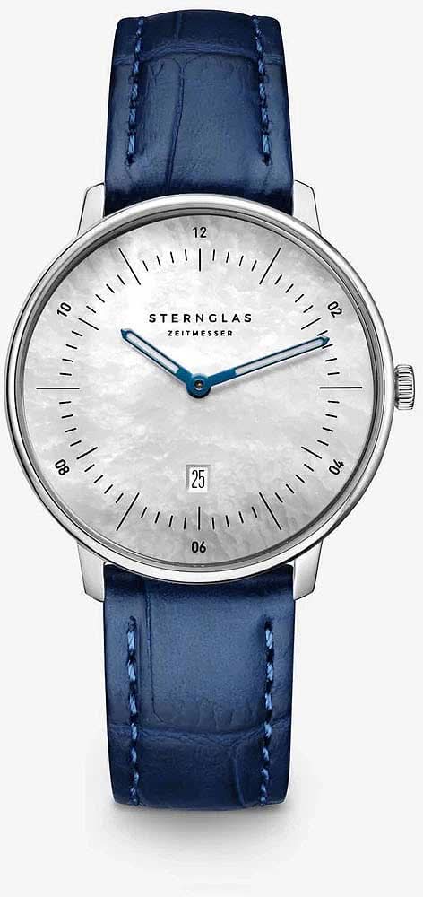 "Reloj de mujer con correa de cuero azul, esfera redonda y manecillas azules"
