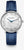 "Reloj de mujer con correa de cuero azul, esfera redonda y manecillas azules"