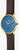 "Reloj de mujer vista frontal: esfera azul, bisel dorado, correa de cuero marrón."