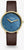 Reloj de mujer con esfera azul, caja dorada y correa de cuero marrón.