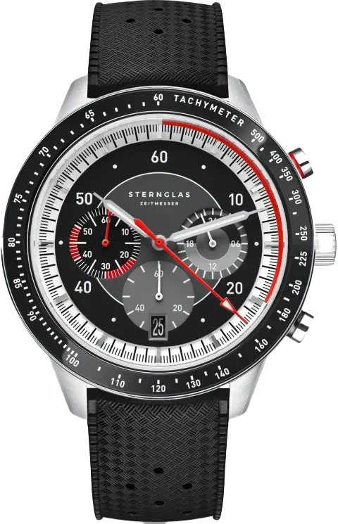 Reloj de hombre con correa textil negra y esfera negra de cronógrafo