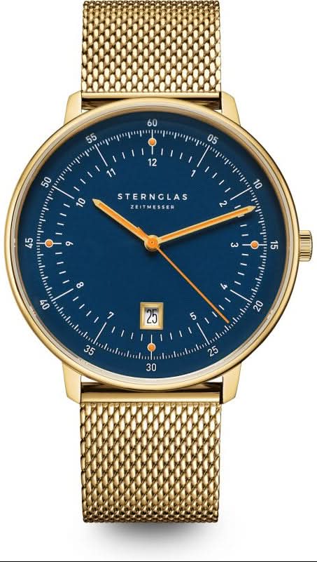Pulsera de hombre con esfera azul, correa de malla dorada y fecha