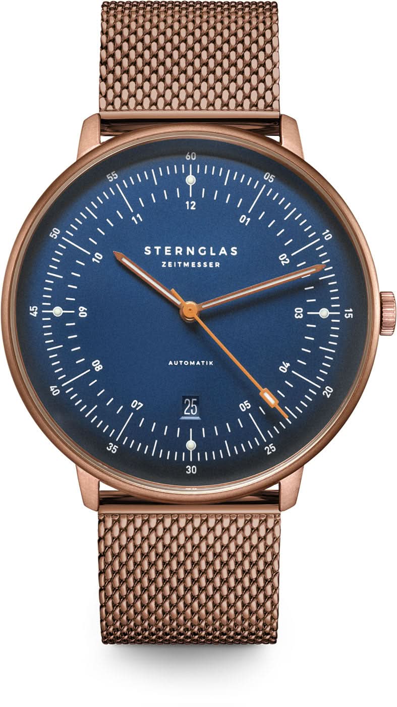 Reloj Sternglas para hombre con esfera azul, bisel en oro rosa y correa de malla metálica