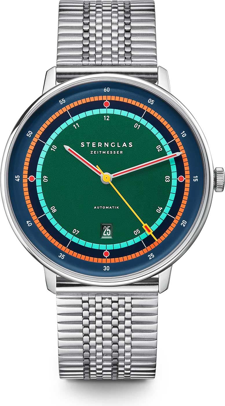 Pulsera de hombre con esfera verde, bisel azul-naranja y correa de metal plateado