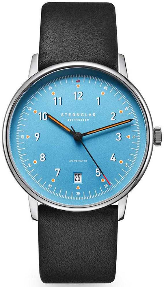 Reloj para hombre con esfera azul y correa de cuero negra, caja redonda de acero inoxidable