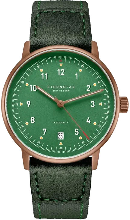 Reloj de hombre con esfera verde y correa de cuero verde, bisel en tono oro rosa.