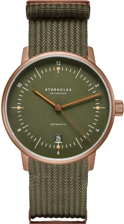 "Reloj Sternglas para hombre, esfera verde oliva, caja marrón rosada, correa verde oliva"