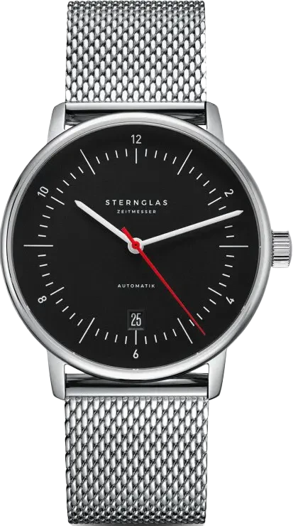 Reloj de hombre con esfera negra y pulsera de metal plateado tipo malla