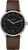 Reloj de hombre con esfera negra, correa de cuero marrón y caja plateada.