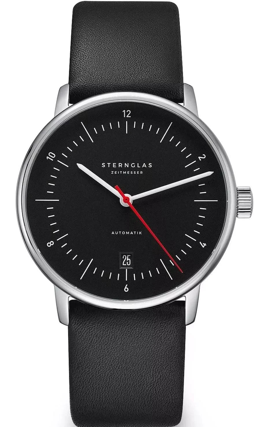 Reloj automático unisex con correa de cuero negra y esfera negra, manecillas rojas