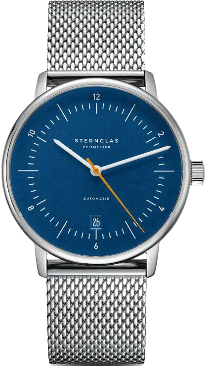 Pulsera de hombre con caja redonda, esfera azul y correa de malla plateada