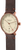 Reloj de hombre, vista frontal, con correa de cuero marrón, esfera beige y caja de oro rosa.