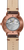 Reloj de hombre con fondo de caja transparente que muestra el mecanismo y correa de cuero marrón, caja en tono oro rosa.