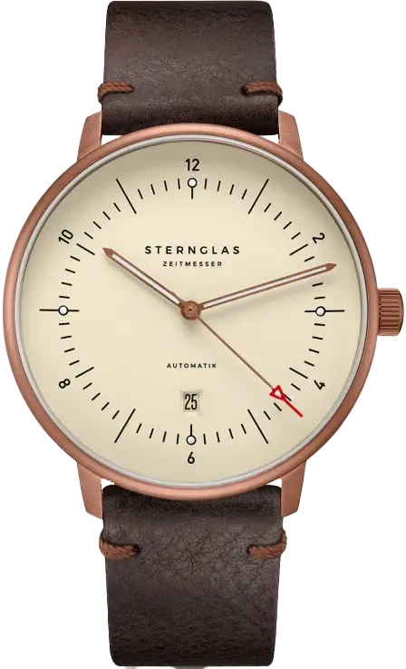 Reloj de hombre con correa de cuero marrón, caja de oro rosa y esfera beige.
