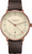 Reloj de hombre con correa de cuero marrón, caja de oro rosa y esfera beige.