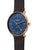 Reloj de hombre con esfera azul y correa de cuero marrón, corona en tono oro rosa a la derecha
