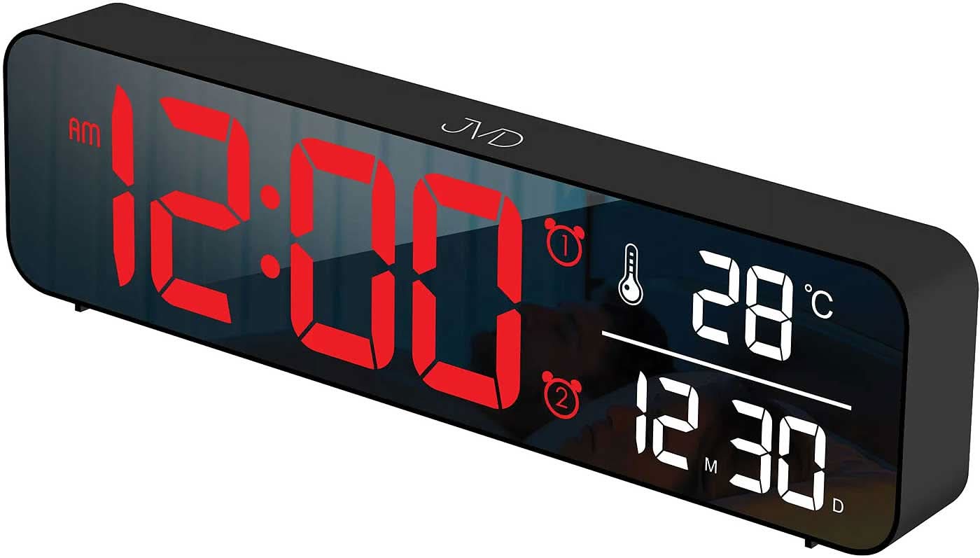 Despertador digital de plástico negro con pantalla LED roja para hora, temperatura y fecha