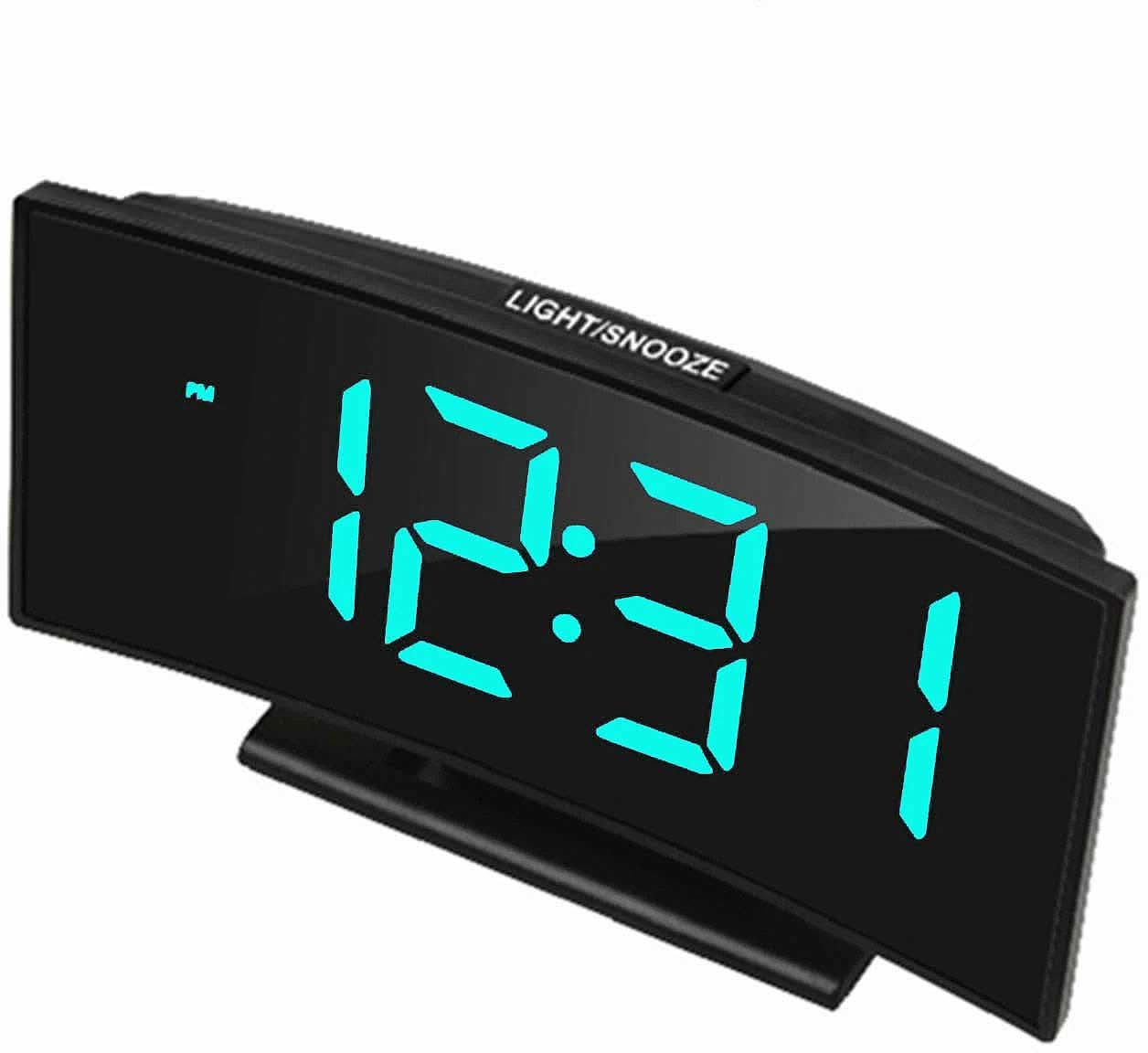 Despertador digital: carcasa de plástico negro, dígitos LED cian, función Snooze