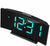 Despertador digital: carcasa de plástico negro, dígitos LED cian, función Snooze