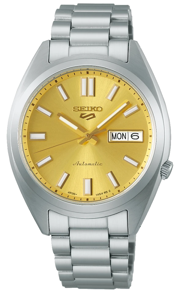 Seiko 5 Sports Reloj para hombre: correa de acero inoxidable plateada, esfera dorada, fecha