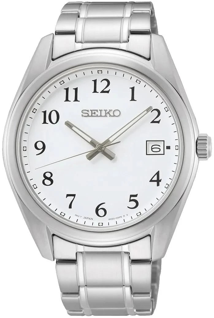 Reloj de pulsera SEIKO para hombre con correa de acero inoxidable plateada y esfera blanca, visualización de fecha