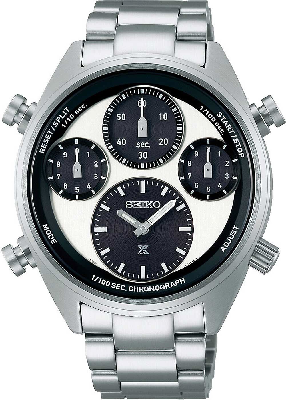 Reloj de pulsera de acero inoxidable: caja plateada, esfera negra, cronógrafo con tres subesferas.