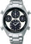 Reloj de pulsera de acero inoxidable: caja plateada, esfera negra, cronógrafo con tres subesferas.