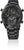 Pulsera de hombre con bisel negro, subesferas de cronógrafo y brazalete de metal negro.