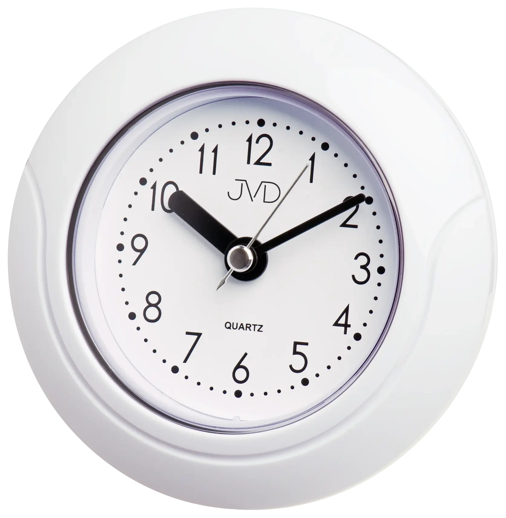 Reloj de pared redondo con carcasa de plástico blanco, esfera y manecillas negras, JVD