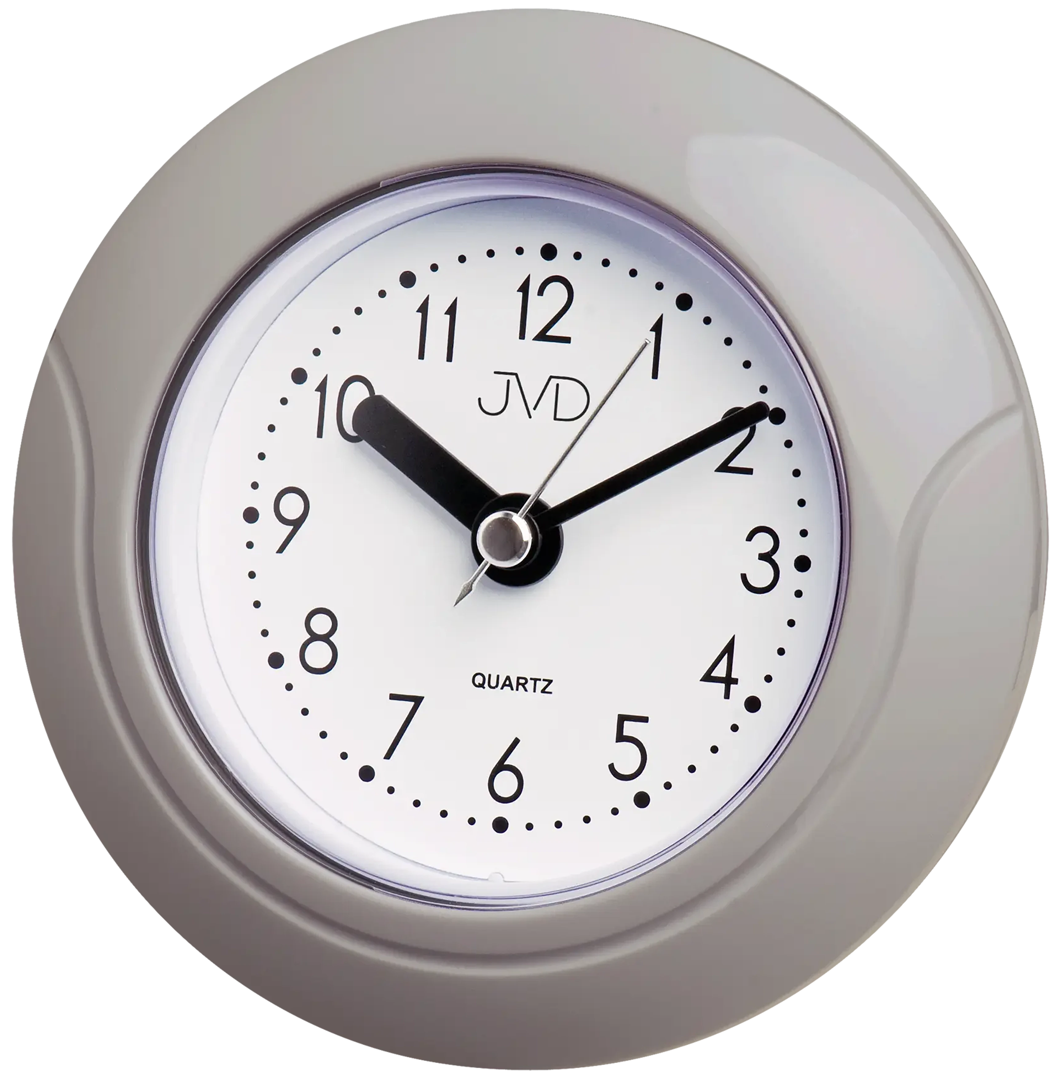 Reloj de pared JVD de plástico, redondo, caja gris con esfera blanca y manecillas negras