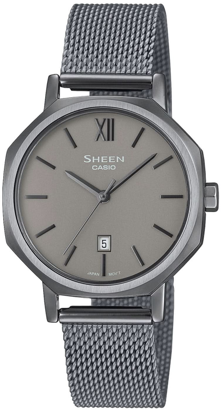 "Reloj de mujer con pulsera milanesa plateada, esfera redonda gris, fecha"