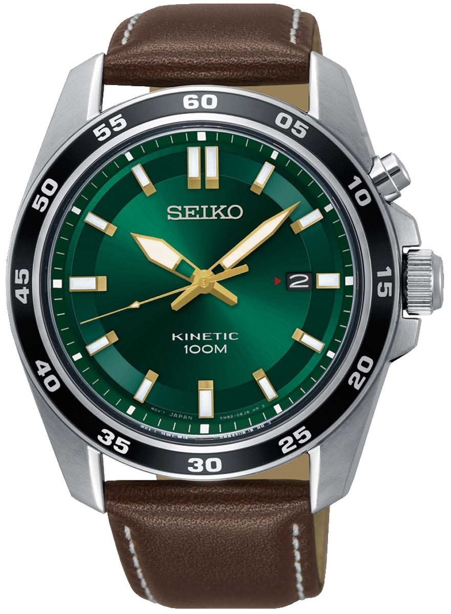 Reloj de pulsera para hombre: esfera verde, caja plateada y correa de cuero marrón