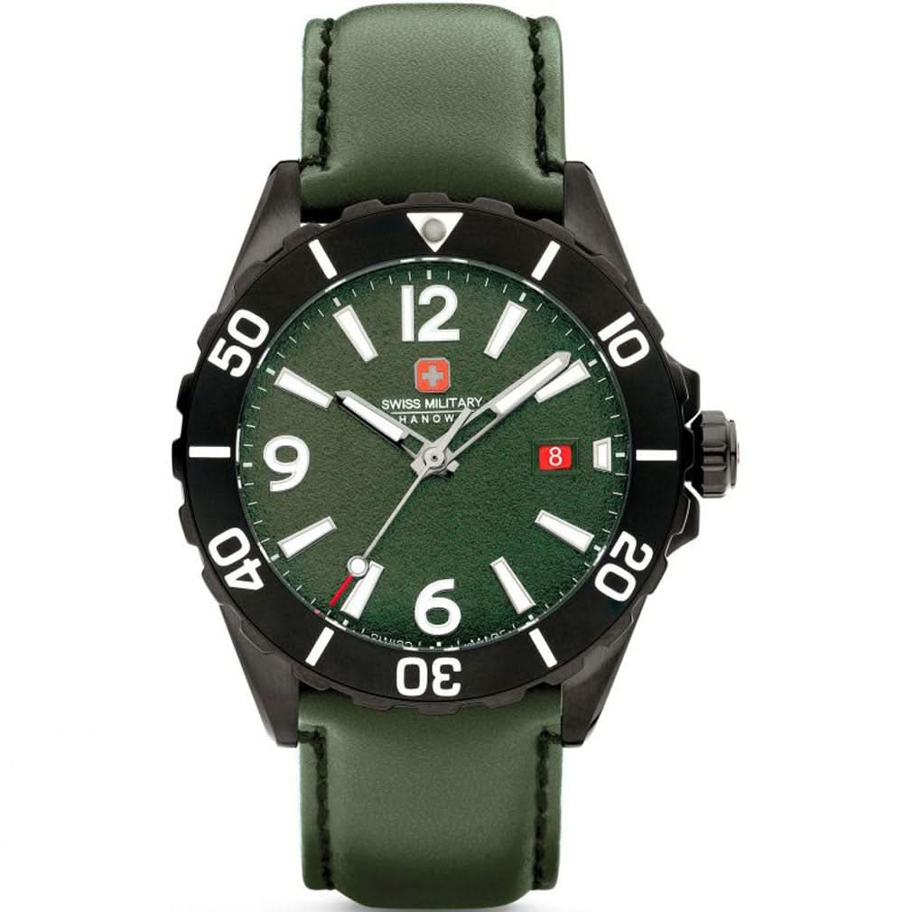 Reloj de hombre con esfera verde, bisel negro y correa de cuero verde