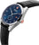 Reloj de hombre con correa de cuero negra, esfera azul y cruz roja en la corona
