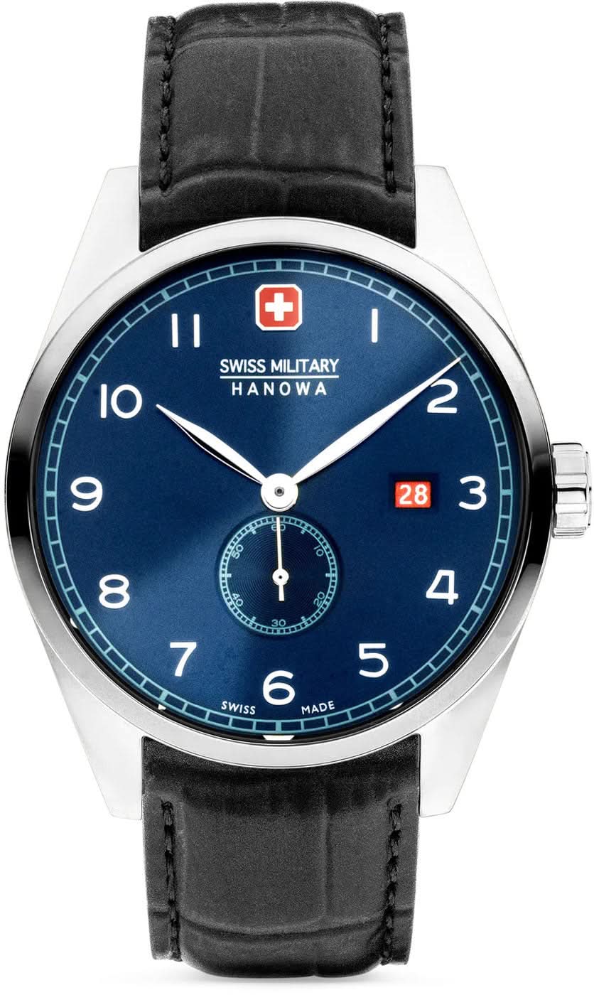 Reloj de hombre con correa de cuero negra, esfera azul y caja plateada