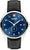 Reloj de hombre con correa de cuero negra, esfera azul y caja plateada