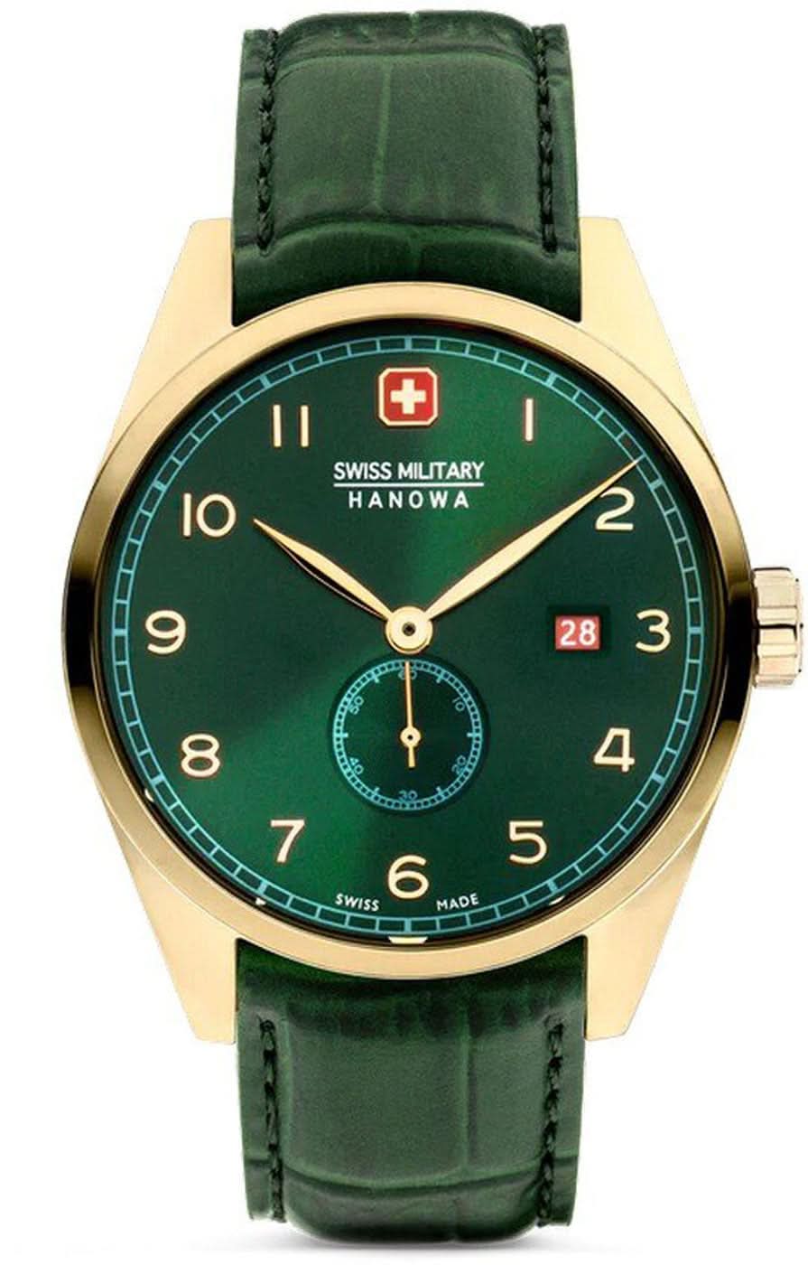 Reloj de hombre con caja dorada, esfera verde y correa de piel, con indicador de fecha