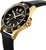 Reloj de hombre en vista lateral con esfera negra y correa de cuero negra