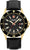 Reloj de hombre con esfera negra, bisel dorado y correa de cuero negra