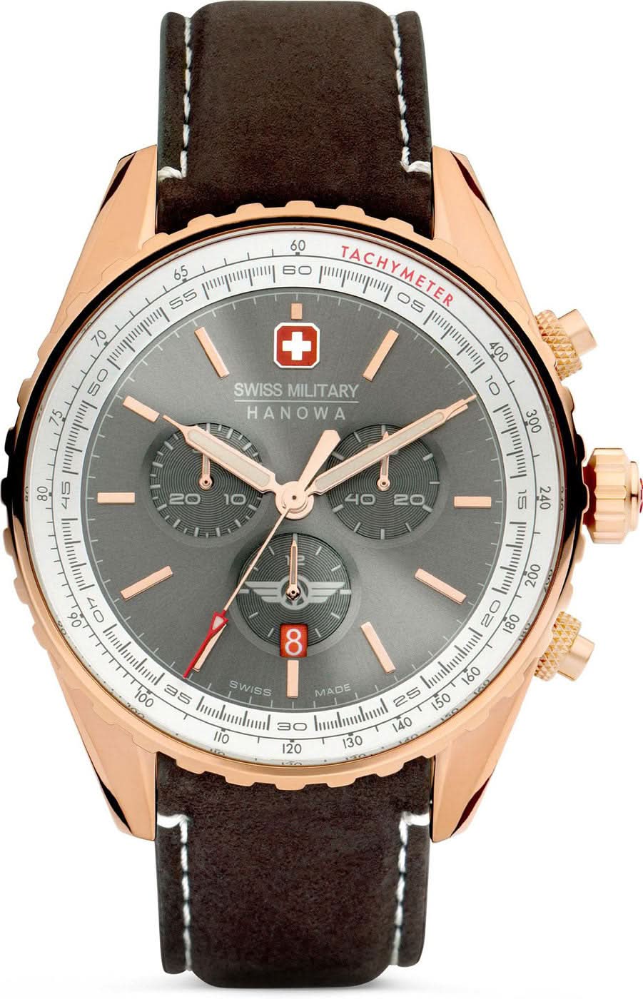 Reloj de hombre con correa de cuero marrón, esfera gris oscuro e indicadores de cronógrafo